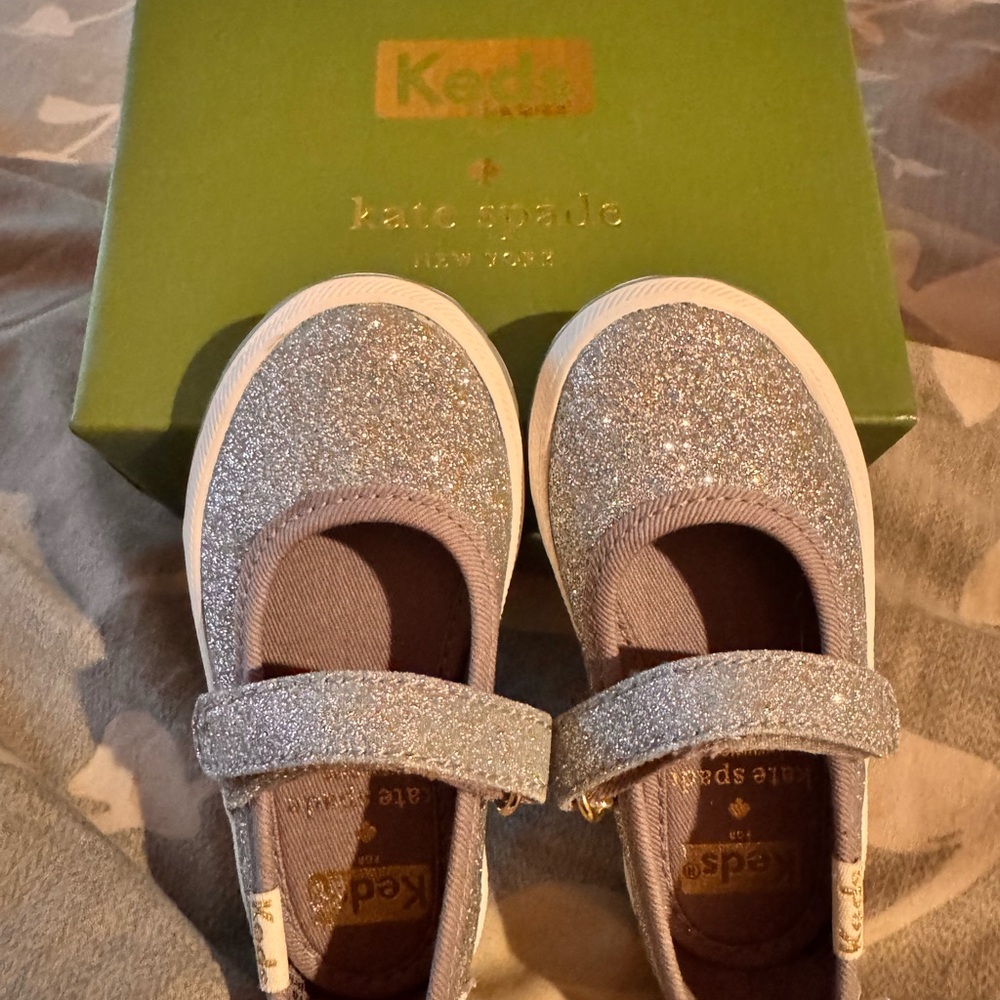 kate spade x Keds Silver Glitter Girl Sneakers with Satin Bows - Picture 2 of 4